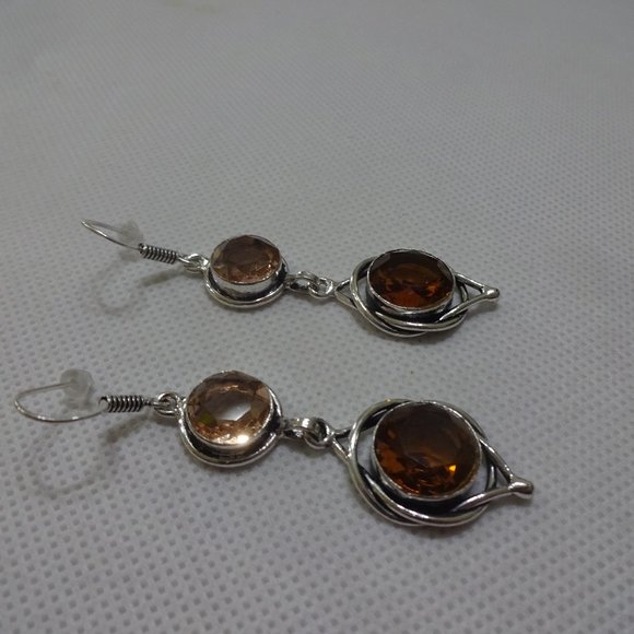 Beautiful "AMBER TOPAZ & MORGANITE" Handmade Sterling Dangle Earrings #759A - Picture 1 of 3